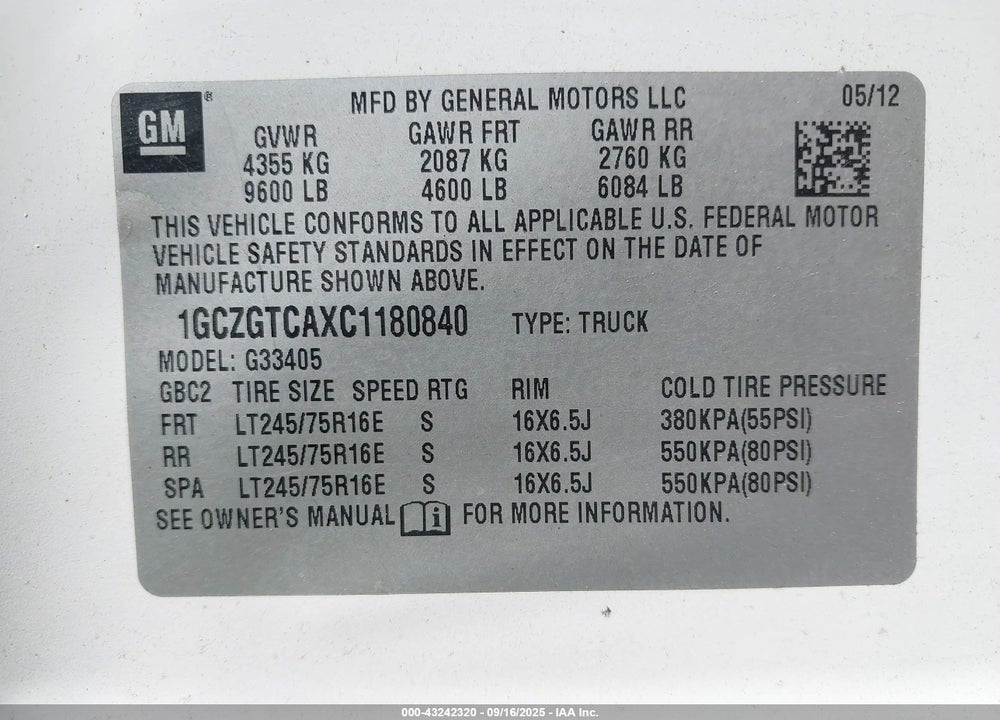 2012 CHEVROLET EXPRESS 3500 WORK VAN VIN: 1GCZGTCAXC1180840