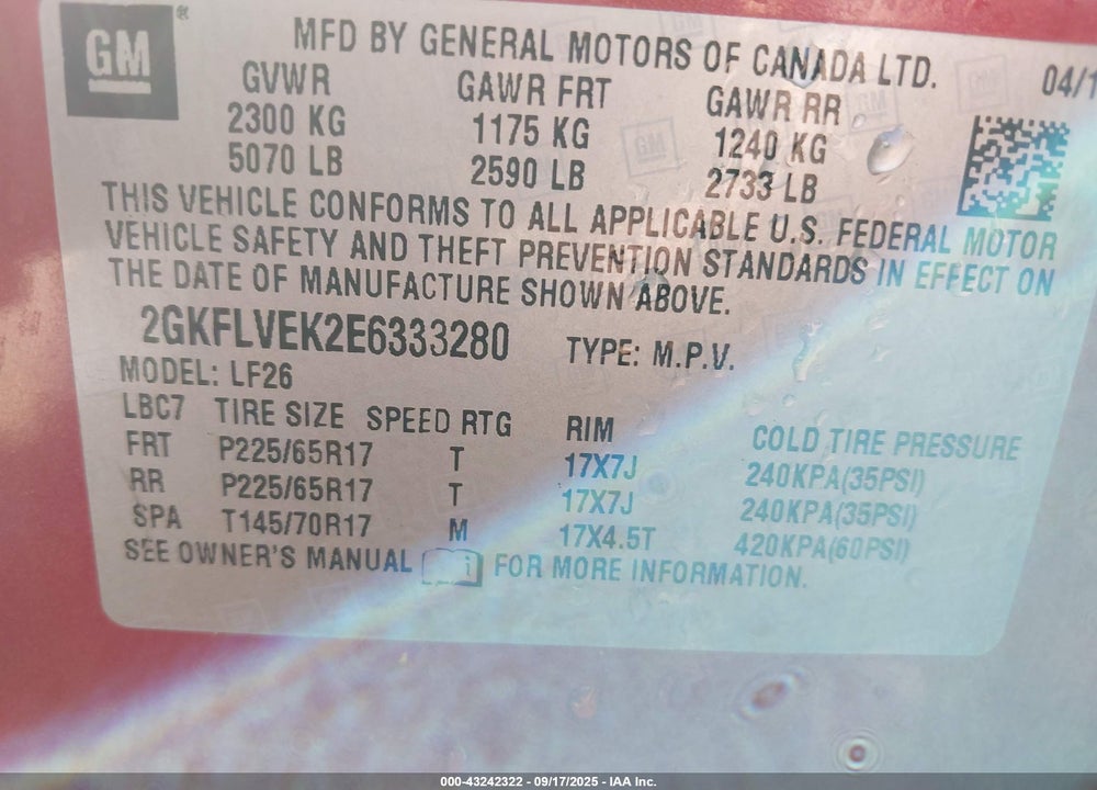 2014 GMC TERRAIN VIN: 2GKFLVEK2E6333280