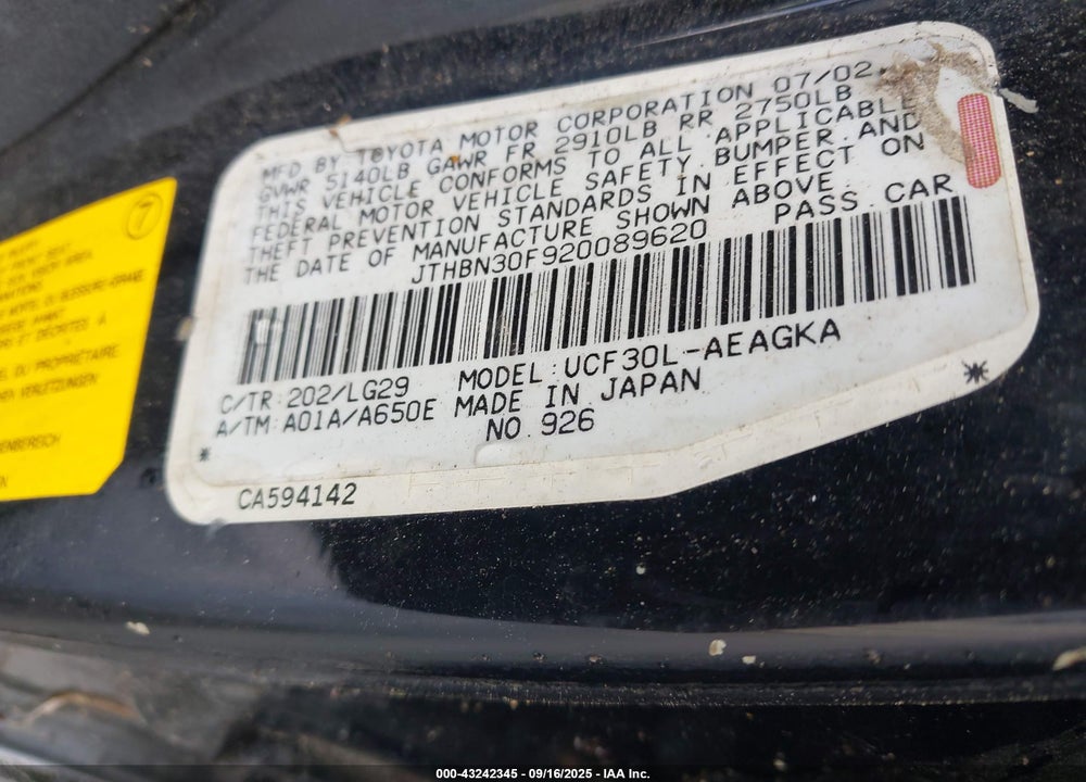 2002 LEXUS LS 430 VIN: JTHBN30F920089620
