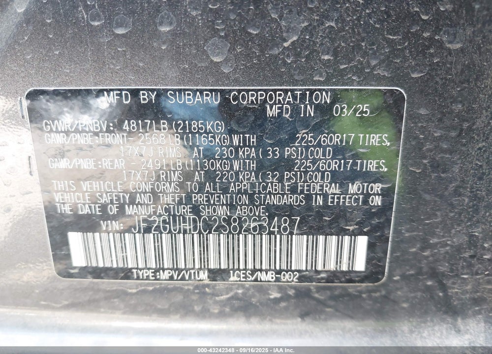 2025 SUBARU CROSSTREK PREMIUM VIN: JF2GUHDC2S8263487
