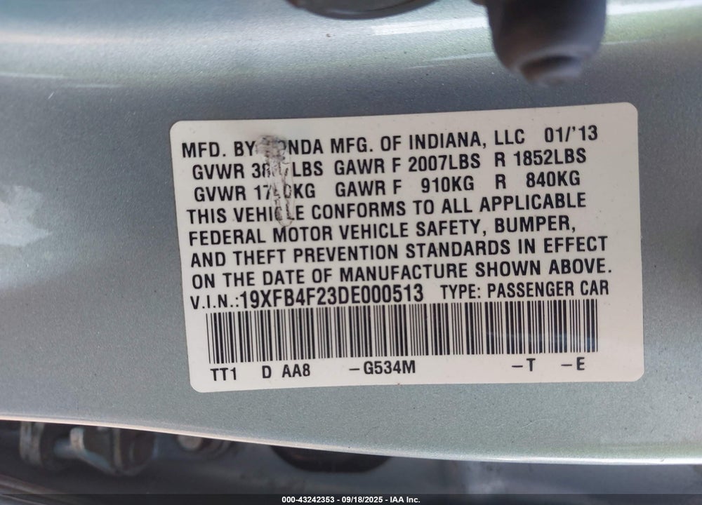 2013 HONDA CIVIC HYBRID VIN: 19XFB4F23DE000513