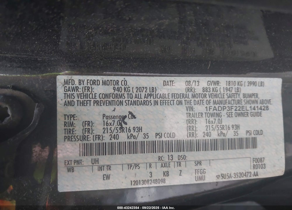 2014 FORD FOCUS SE VIN: 1FADP3F22EL141428