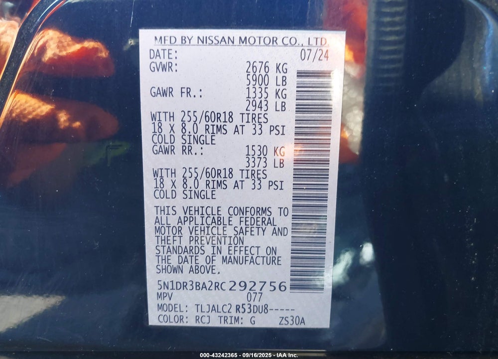 2024 NISSAN PATHFINDER VIN: 5N1DR3BA2RC292756