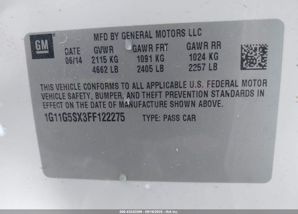 2015 CHEVROLET MALIBU VIN: 1G11G5SX3FF122275