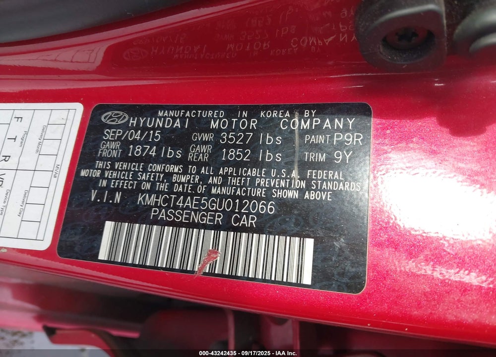 2016 HYUNDAI ACCENT VIN: KMHCT4AE5GU012066