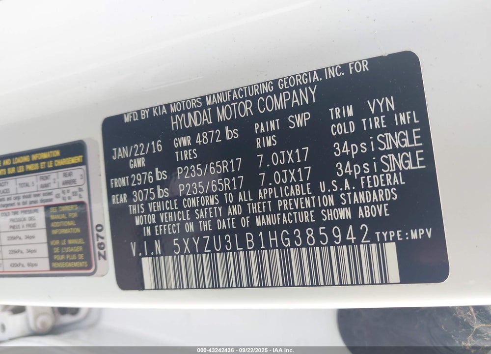 2017 HYUNDAI SANTA FE SPORT 2.4L VIN: 5XYZU3LB1HG385942