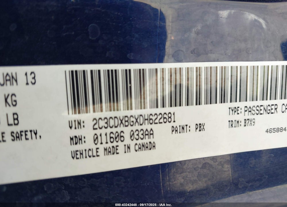 2013 DODGE CHARGER VIN: 2C3CDXBGXDH622681