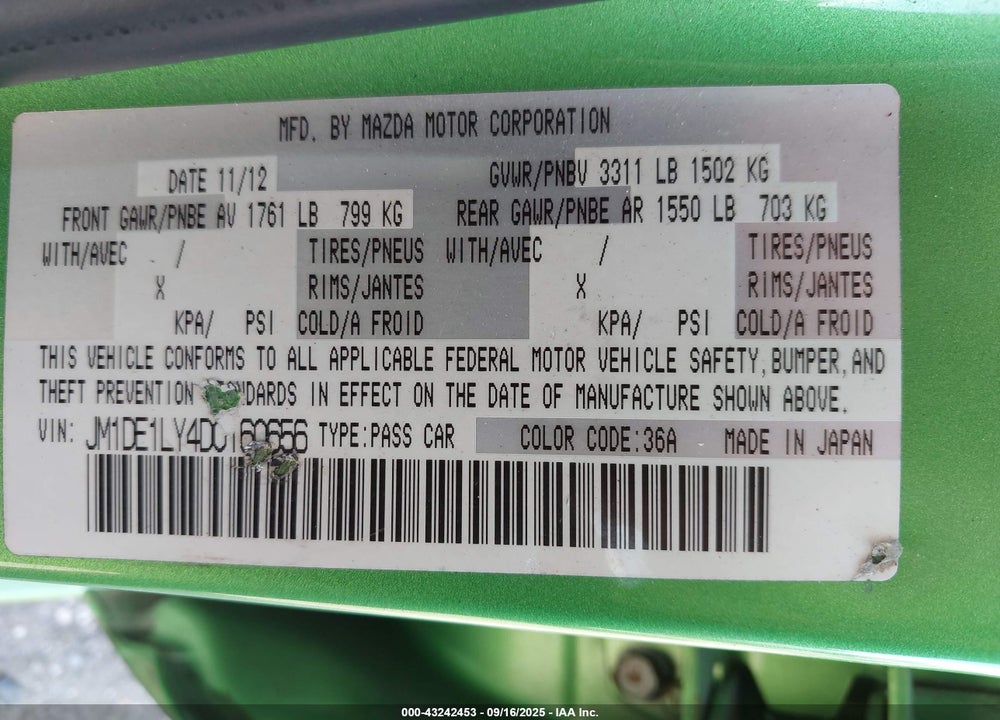 2013 MAZDA 2 TOURING VIN: JM1DE1LY4D0160656