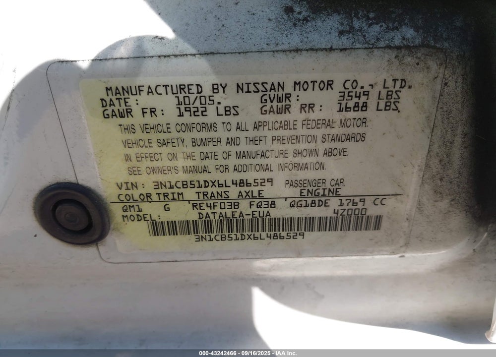 2006 NISSAN SENTRA 1.8S VIN: 3N1CB51DX6L486529