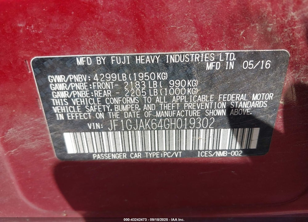 2016 SUBARU IMPREZA VIN: JF1GJAK64GH019302