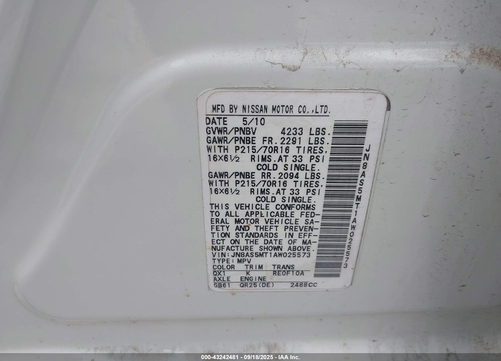2010 NISSAN ROGUE VIN: JN8AS5MT1AW025573
