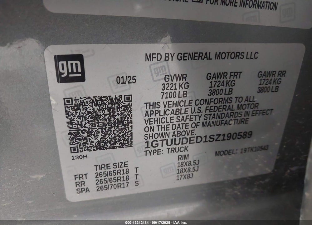 2025 GMC SIERRA 1500 VIN: 1GTUUDED1SZ190589