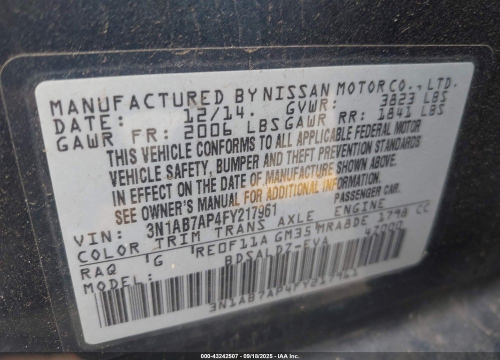 2015 NISSAN SENTRA VIN: 3N1AB7AP4FY217961