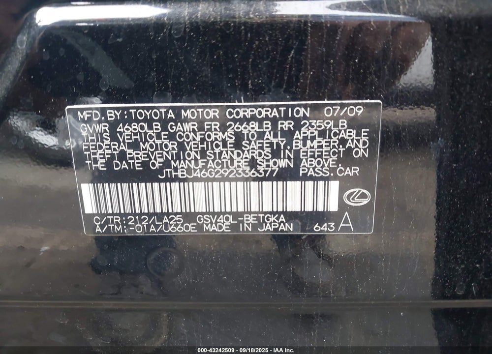 2009 LEXUS ES 350 VIN: JTHBJ46G292336377