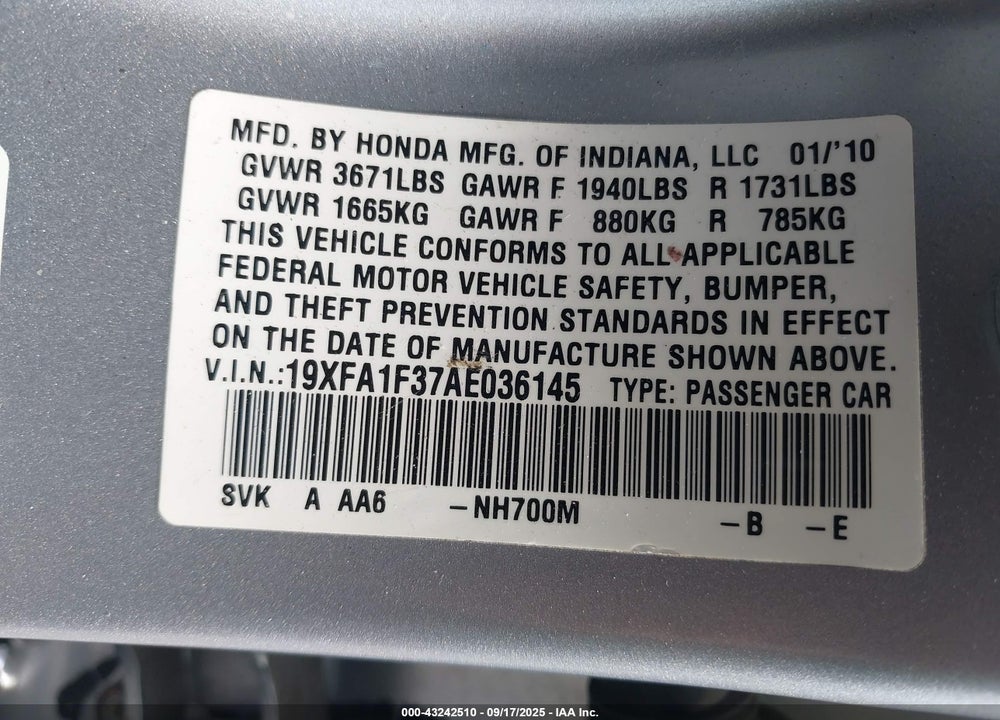 2010 HONDA CIVIC VP VIN: 19XFA1F37AE036145