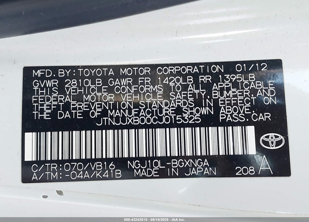 2012 SCION IQ VIN: JTNJJXB00CJ015325