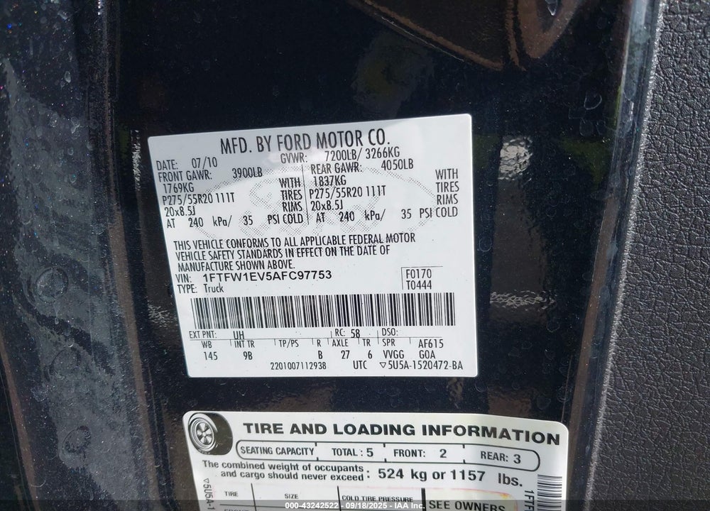2010 FORD F-150 VIN: 1FTFW1EV5AFC97753
