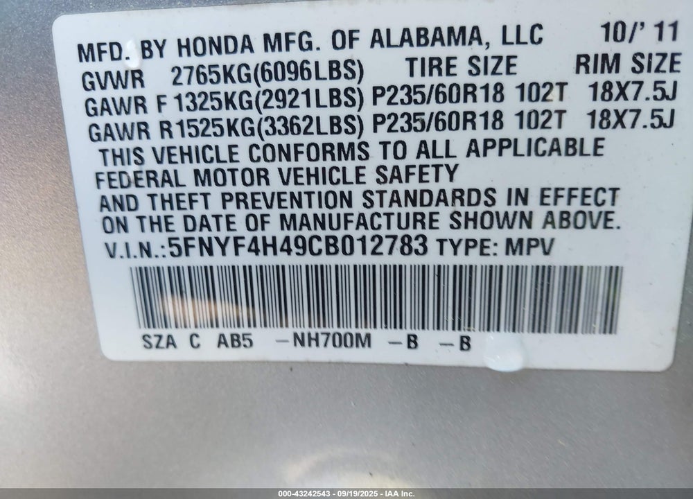 2012 HONDA PILOT VIN: 5FNYF4H49CB012783