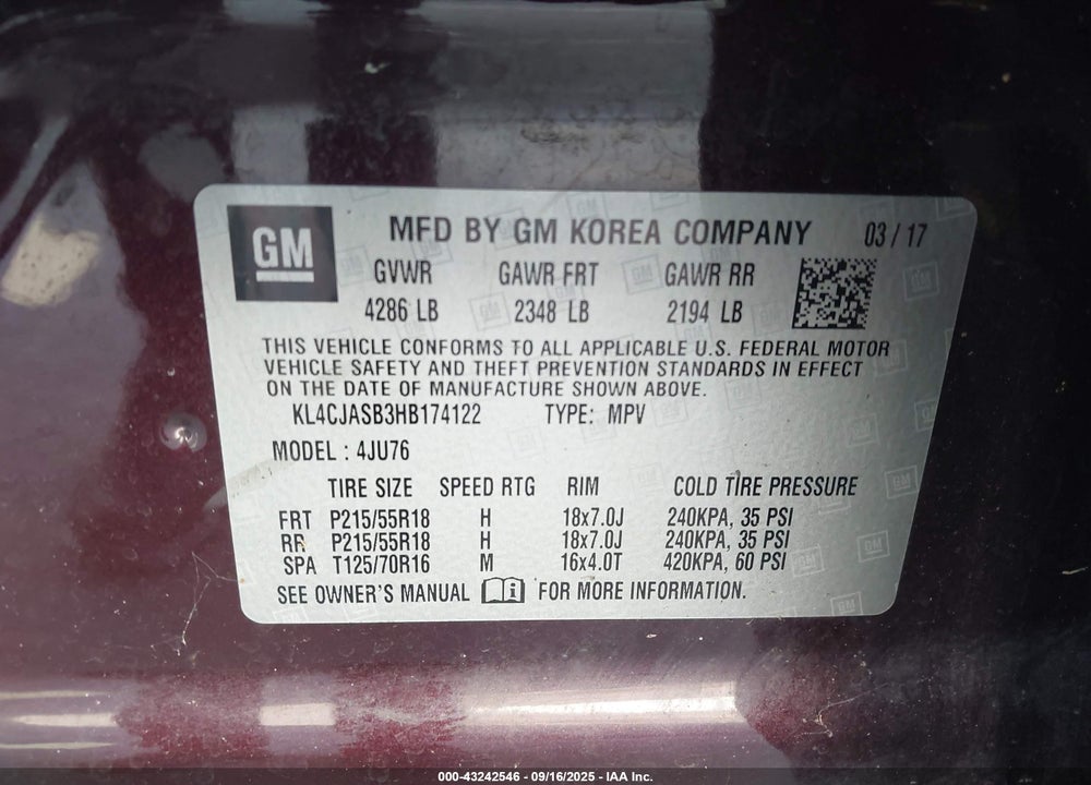 2017 BUICK ENCORE VIN: KL4CJASB3HB174122