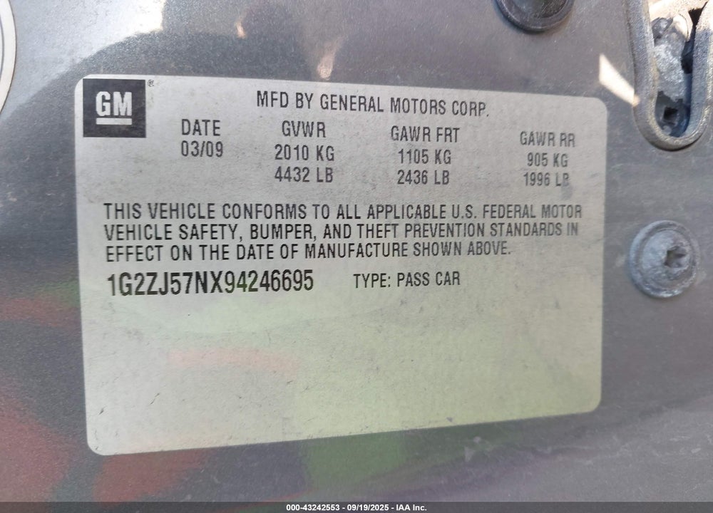 2009 PONTIAC G6 NEW SE VIN: 1G2ZJ57NX94246695