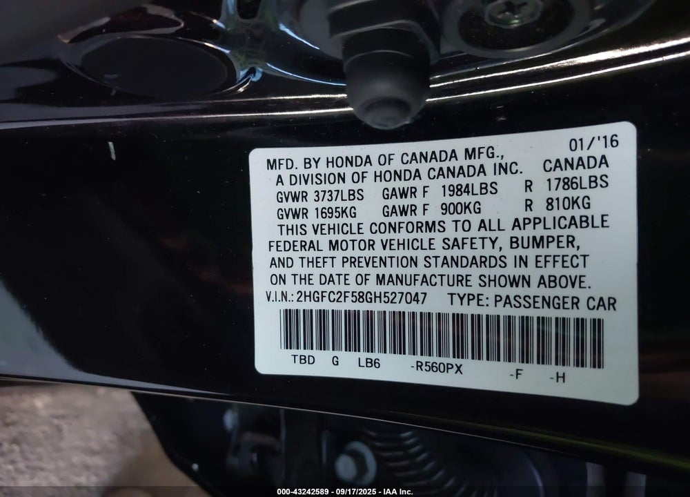 2016 HONDA CIVIC VIN: 2HGFC2F58GH527047