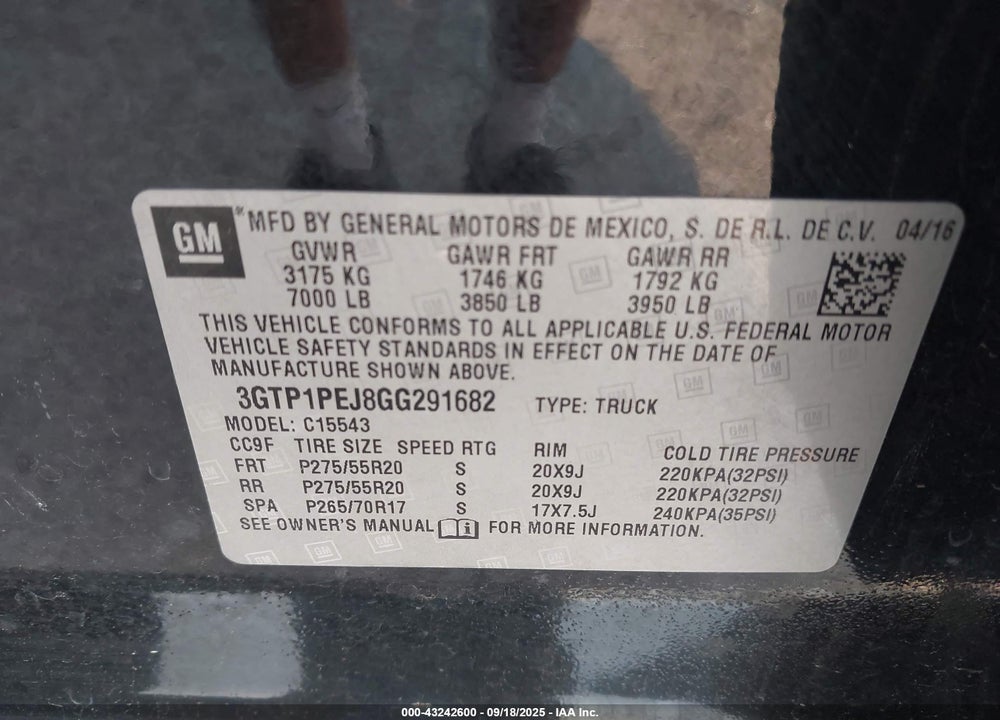 2016 GMC SIERRA 1500 VIN: 3GTP1PEJ8GG291682