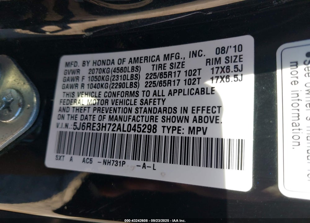 2010 HONDA CR-V VIN: 5J6RE3H72AL045298