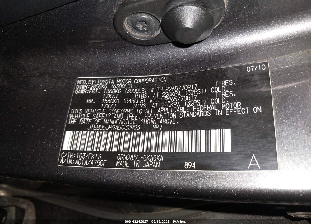 2010 TOYOTA 4RUNNER VIN: JTEBU5JR9A5032923
