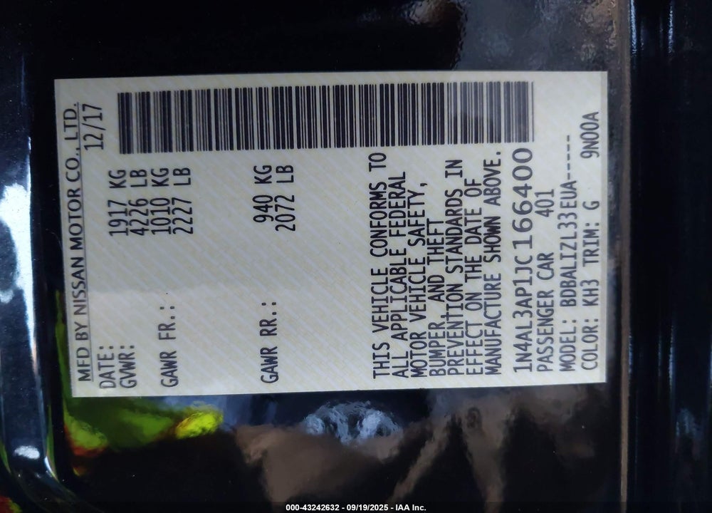 2018 NISSAN ALTIMA VIN: 1N4AL3AP1JC166400