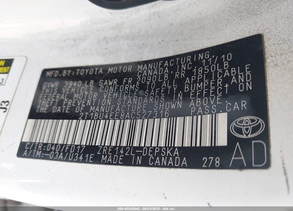 2010 TOYOTA COROLLA VIN: 2T1BU4EE8AC527316