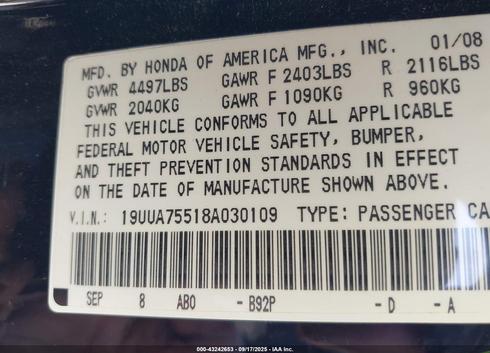 2008 ACURA TL TYPE S VIN: 19UUA75518A030109