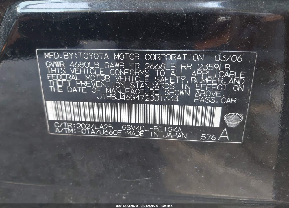 2007 LEXUS ES 350 VIN: JTHBJ46G472001344