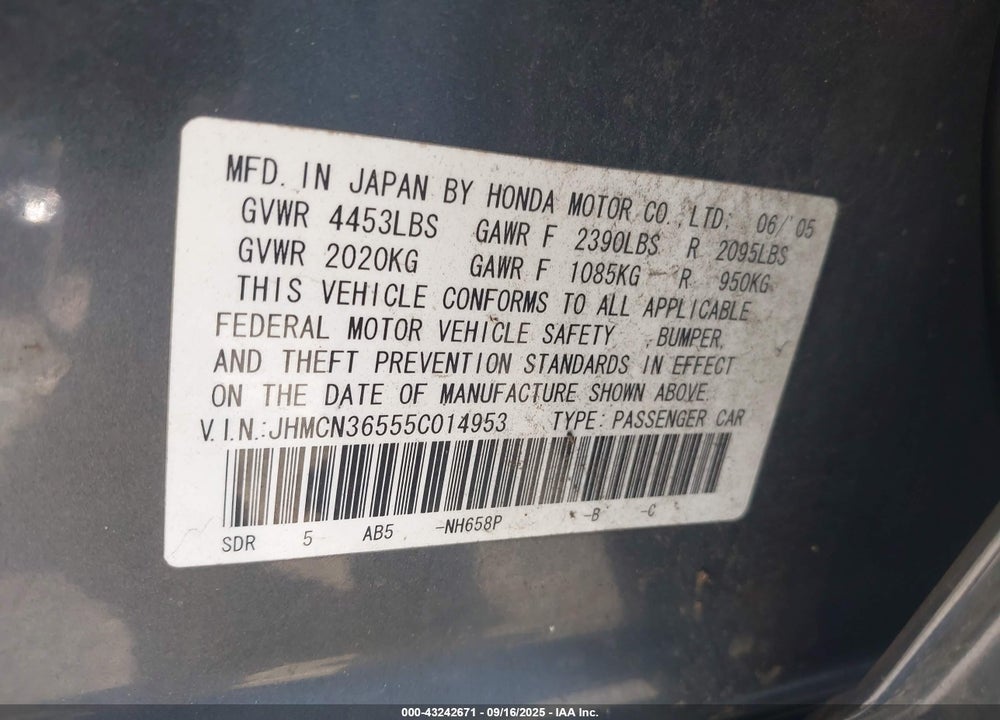 2005 HONDA ACCORD HYBRID IMA VIN: JHMCN36555C014953