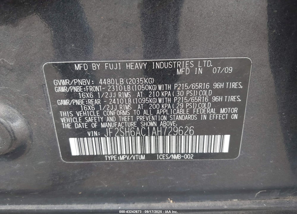 2010 SUBARU FORESTER 2.5X VIN: JF2SH6AC1AH729626