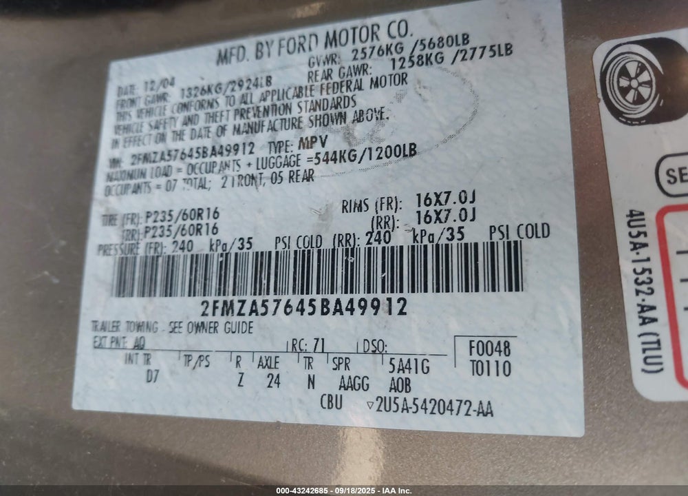 2005 FORD FREESTAR SES VIN: 2FMZA57645BA49912