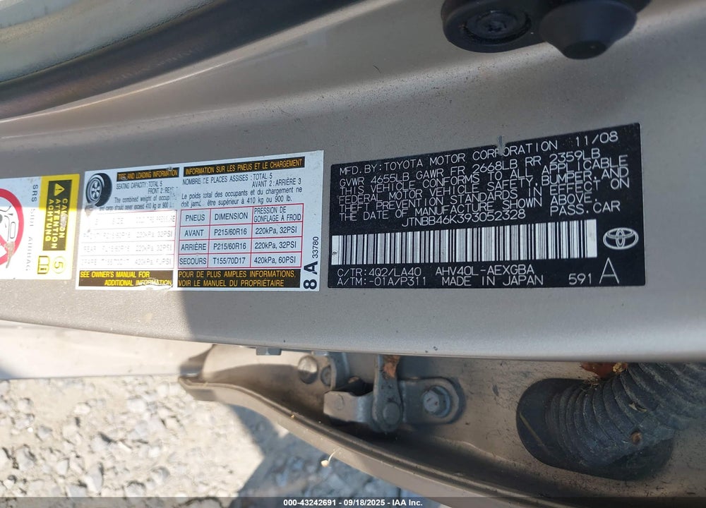 2009 TOYOTA CAMRY HYBRID VIN: JTNBB46K393052328