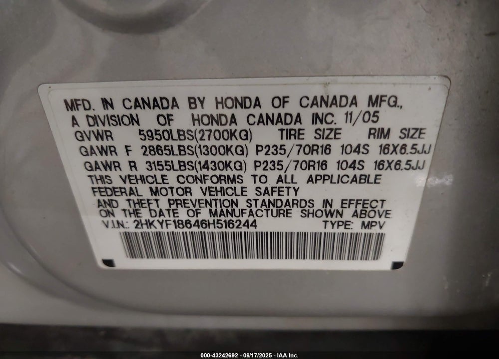 2006 HONDA PILOT EX-L VIN: 2HKYF18646H516244