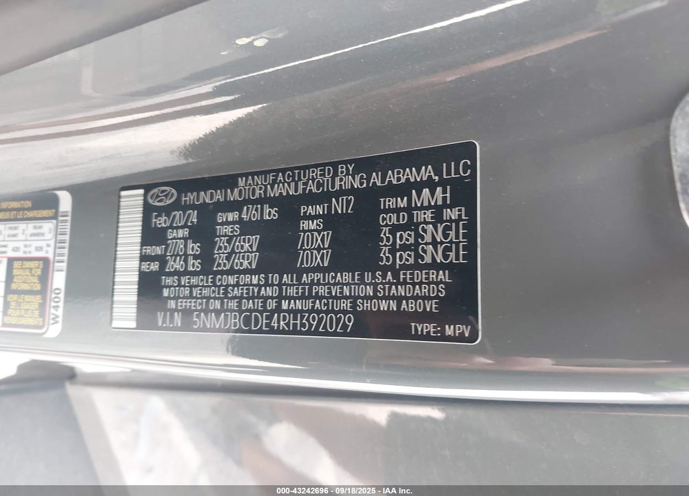 2024 HYUNDAI TUCSON SEL VIN: 5NMJBCDE4RH392029