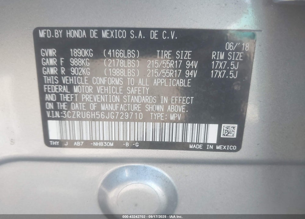 2018 HONDA HR-V VIN: 3CZRU6H56JG729710