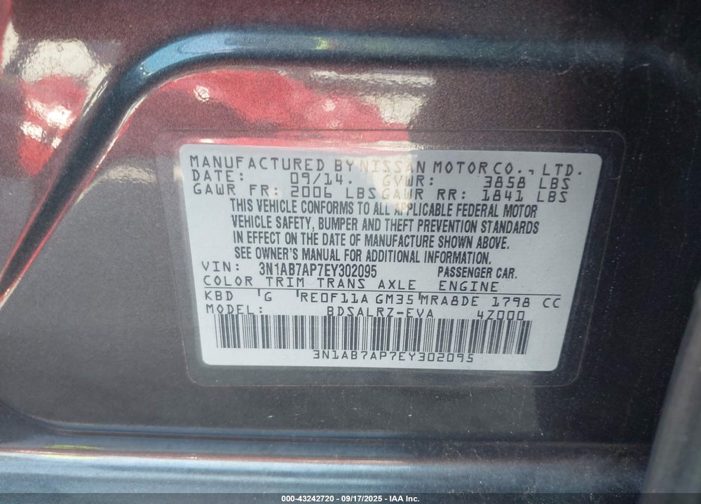 2014 NISSAN SENTRA VIN: 3N1AB7AP7EY302095