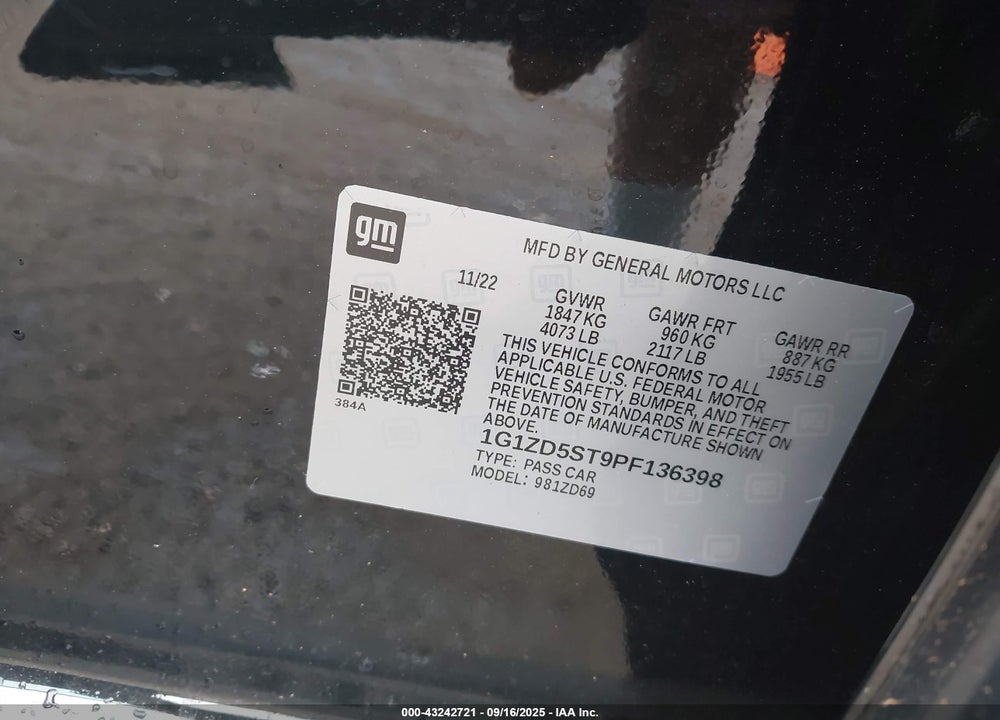 2023 CHEVROLET MALIBU VIN: 1G1ZD5ST9PF136398