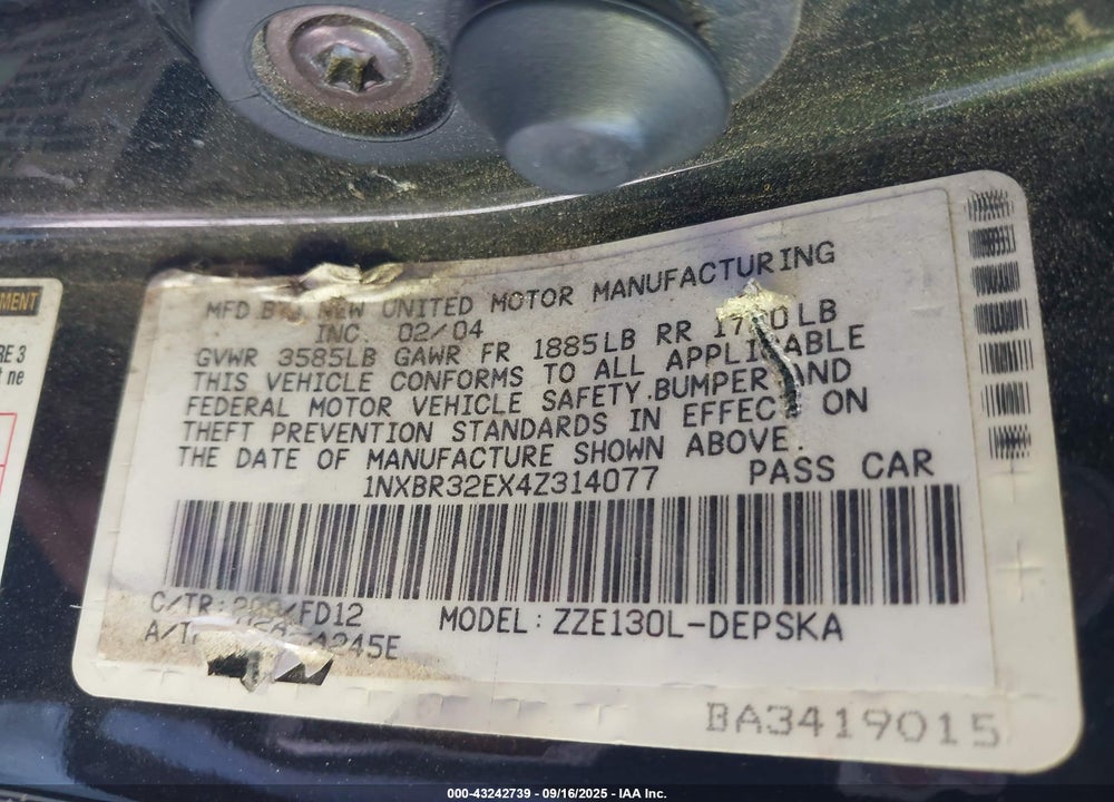 2004 TOYOTA COROLLA S VIN: 1NXBR32EX4Z314077