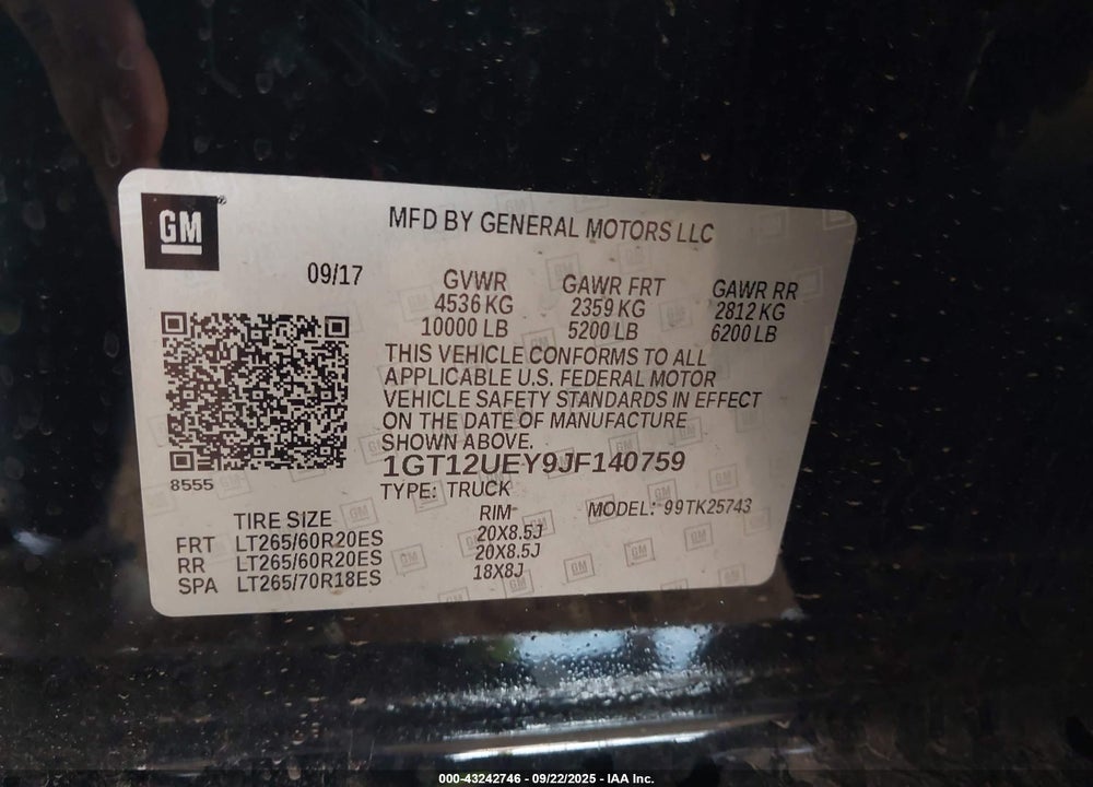 2018 GMC SIERRA VIN: 1GT12UEY9JF140759
