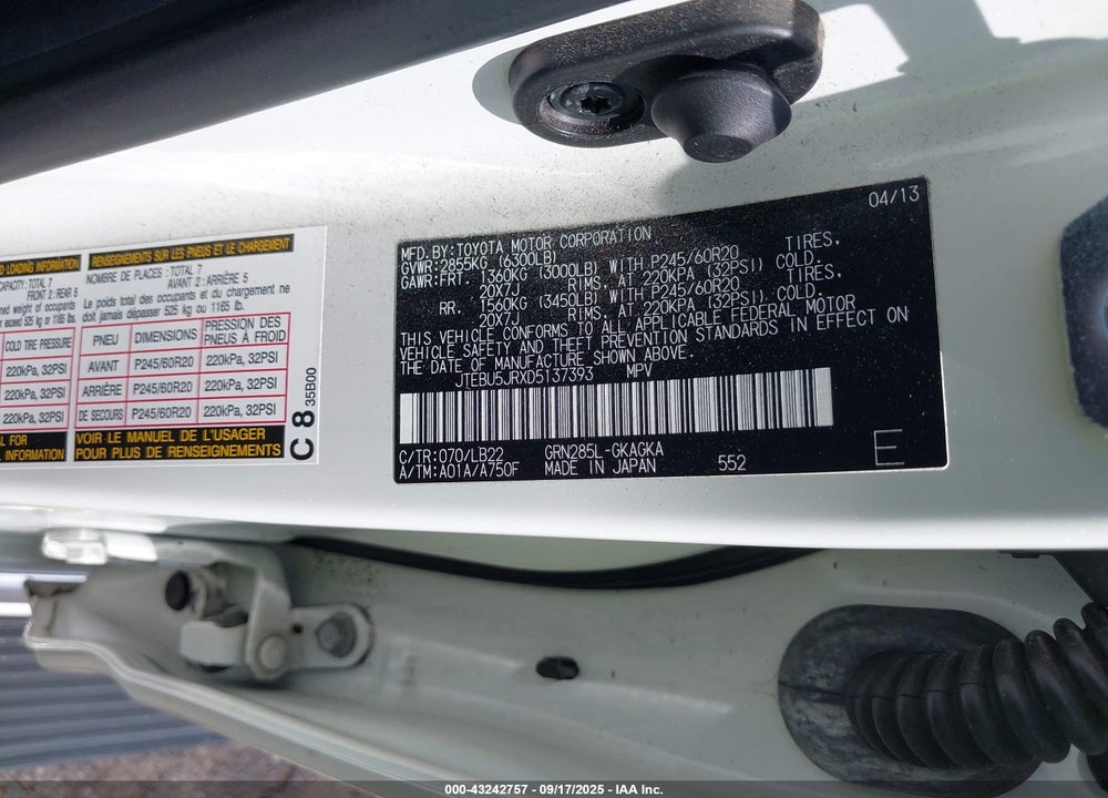 2013 TOYOTA 4RUNNER LIMITED VIN: JTEBU5JRXD5137393
