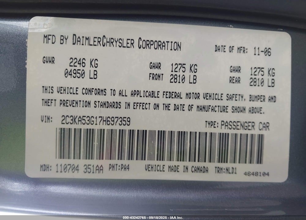 2007 CHRYSLER 300 TOURING VIN: 2C3KA53G17H697359