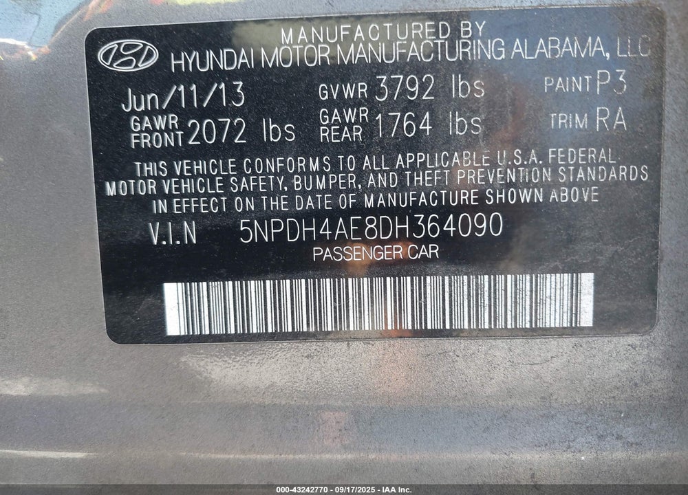 2013 HYUNDAI ELANTRA VIN: 5NPDH4AE8DH364090
