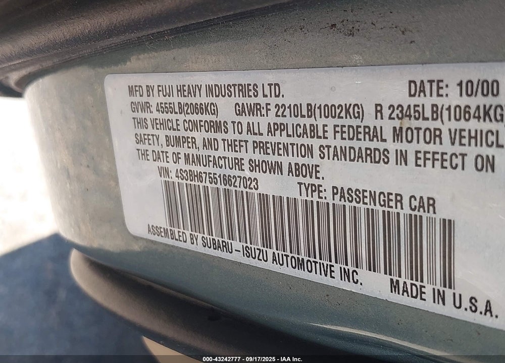 2001 SUBARU OUTBACK VIN: 4S3BH675516627023