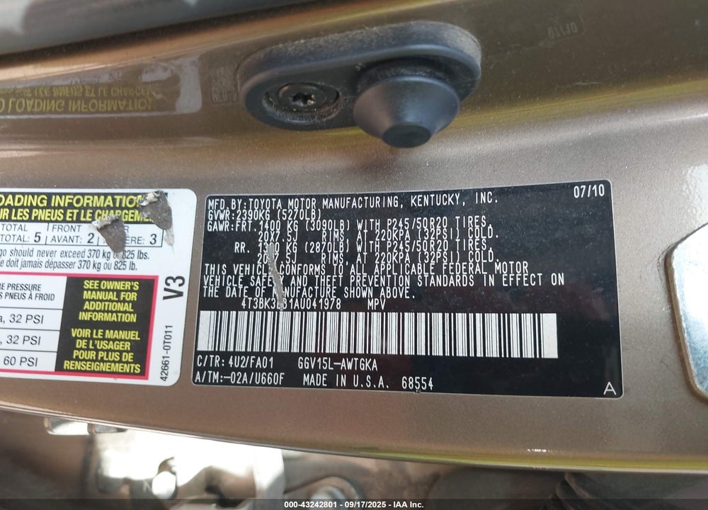2010 TOYOTA VENZA VIN: 4T3BK3BB1AU041978