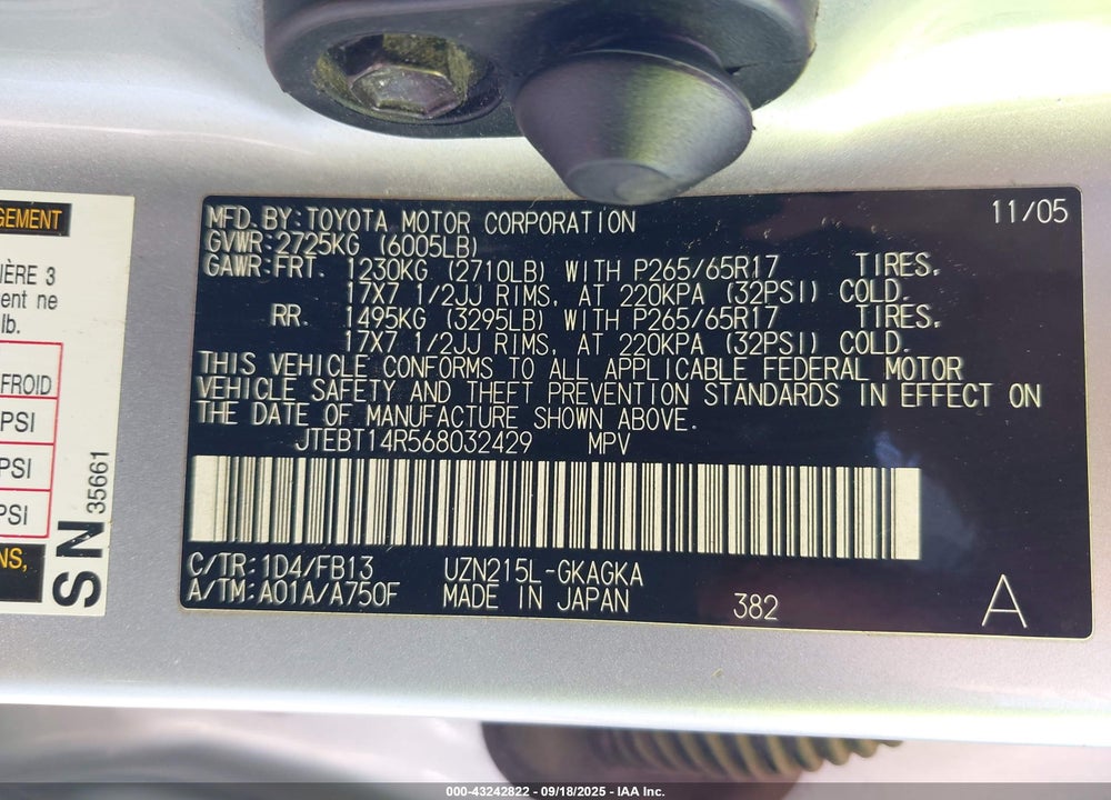 2006 TOYOTA 4RUNNER SR5 SPORT V8 VIN: JTEBT14R568032429