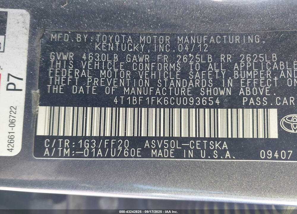 2012 TOYOTA CAMRY SE VIN: 4T1BF1FK6CU093654
